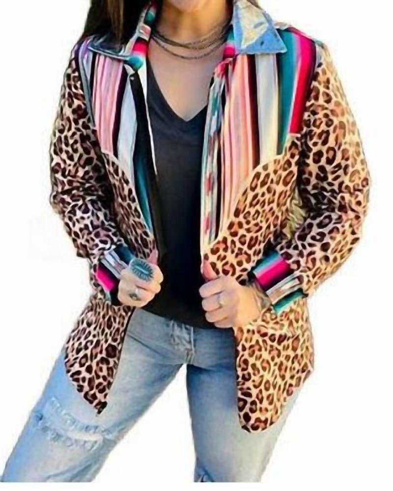 Front of a model wearing a size L Leopard And Serape Zip Up Top in Multi in Multi by Sterling Kreek. | dia_product_style_image_id:334375